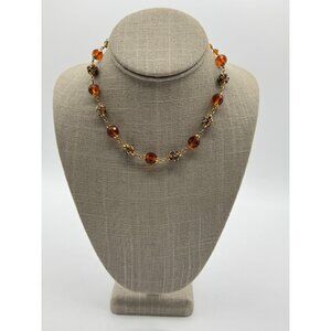 Vintage Made In Austria Amber Color Faceted Glass Beads Gold Tone Necklace